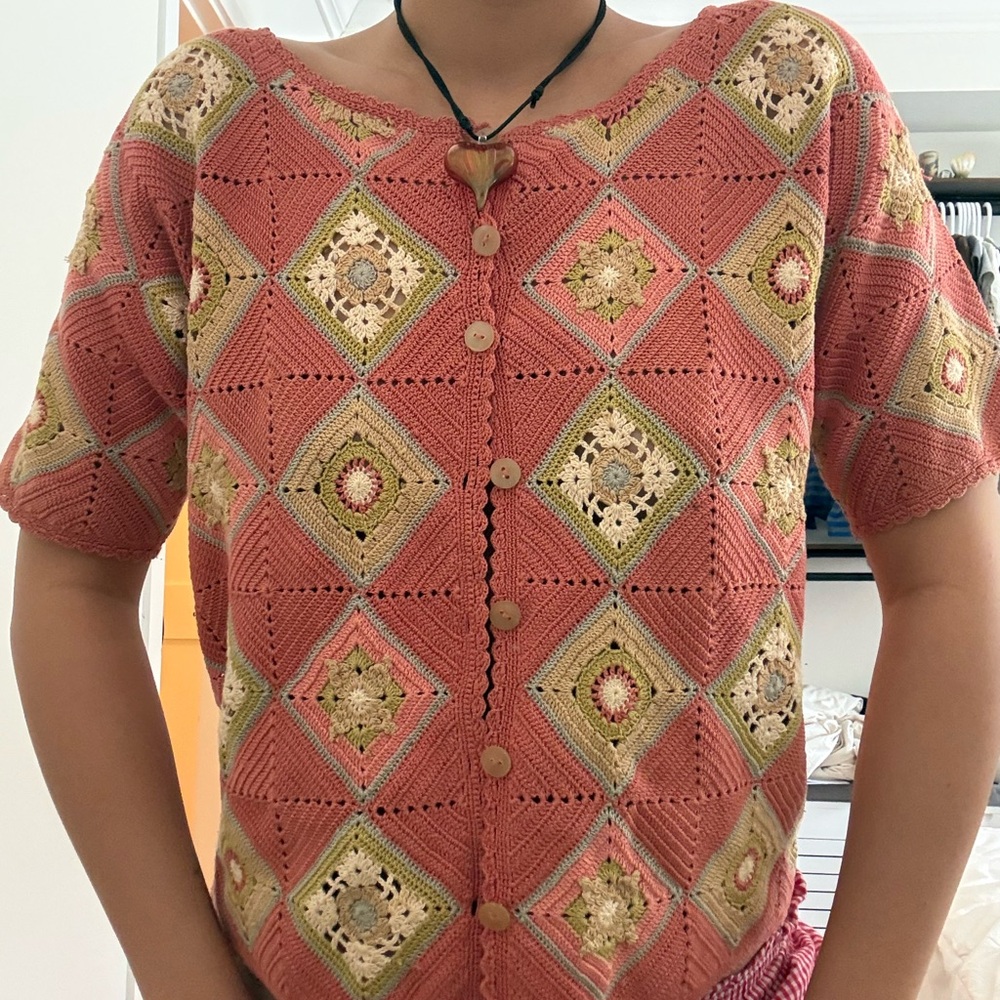 Vintage Crochet Button-Down Short Sleeve 100% Cotton!